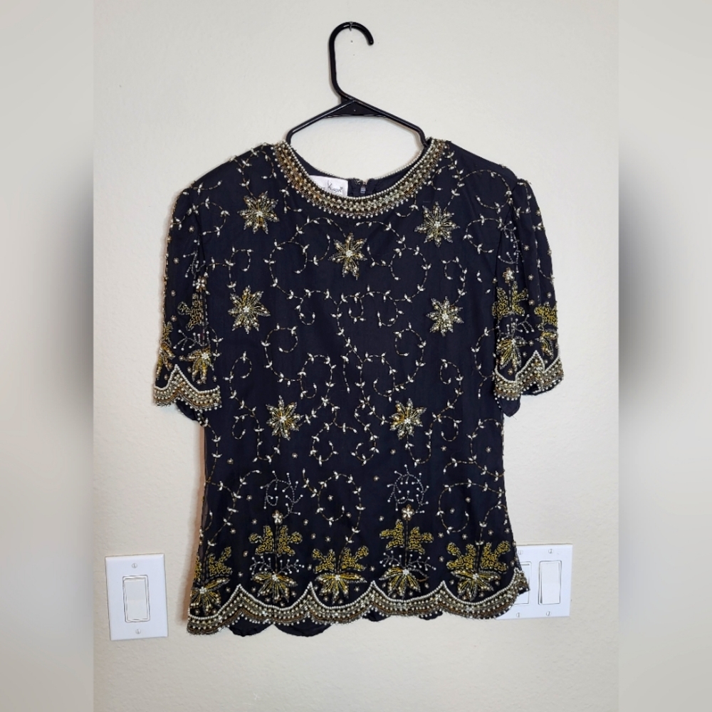 Vintage Black Silk Beaded Embellished Blouse